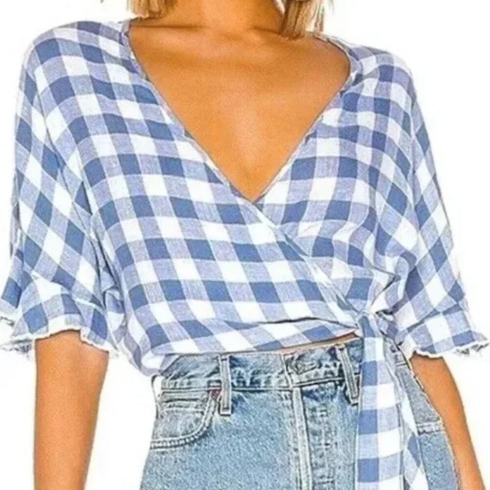 Rails Athena Blue Gingham Cropped Wrap Top XS Linen Blend